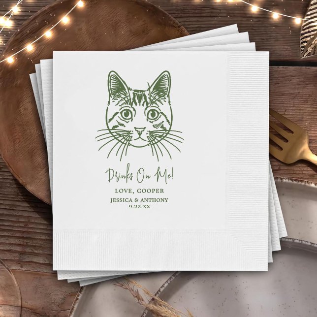 Drinks On Me Custom Cat Hand Drawing Wedding Napkin (Creator Uploaded)