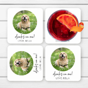 Drinks On Me! Custom Picture Dog Cat Pet Wedding Square Paper Coaster