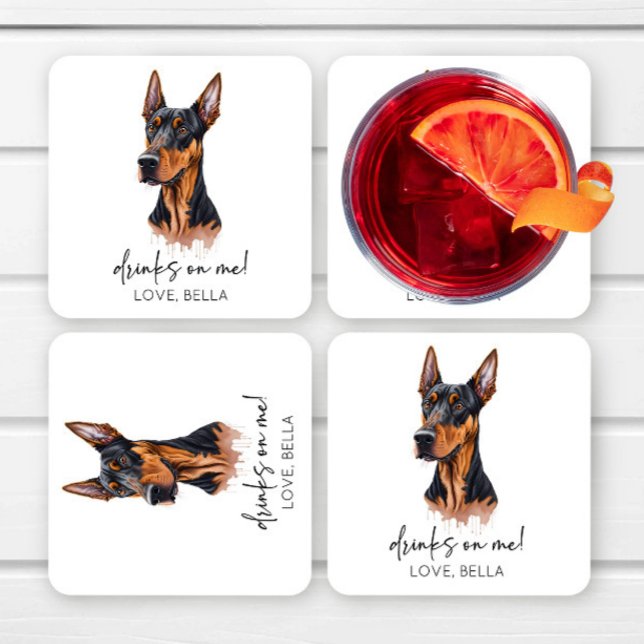 Drinks On Me! Dobermann Dog Pet Wedding Square Paper Coaster (Creator Uploaded)