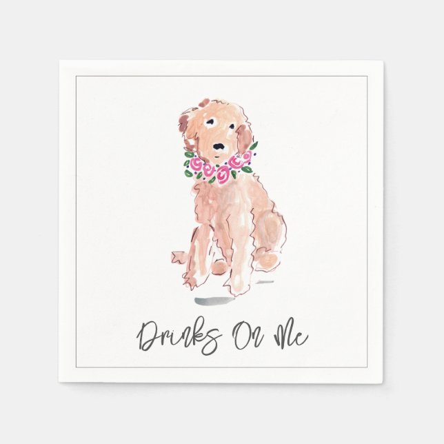 Drinks On Me Golden Doodle Dog Watercolor Flowers Napkin (Front)