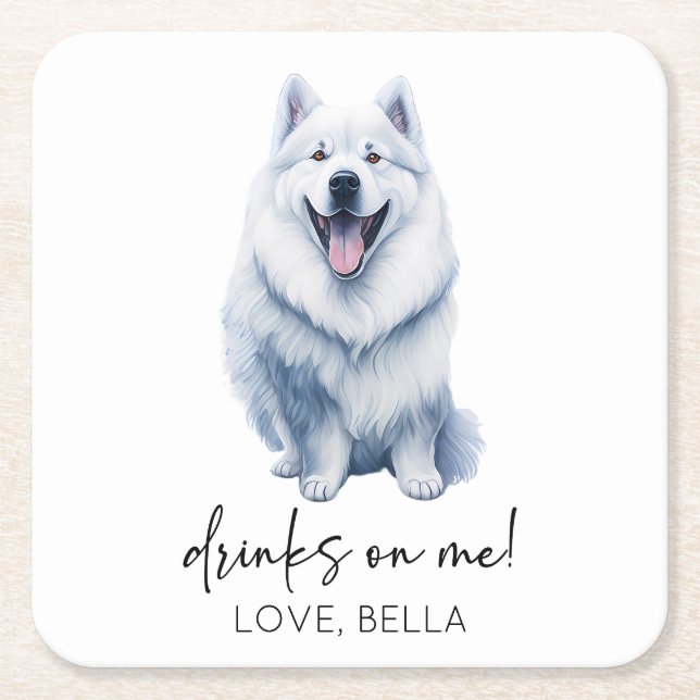 Drinks On Me! Samoyed Dog Pet Wedding Square Paper Coaster (Front)
