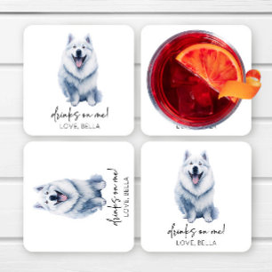 Drinks On Me! Samoyed Dog Pet Wedding Square Paper Coaster