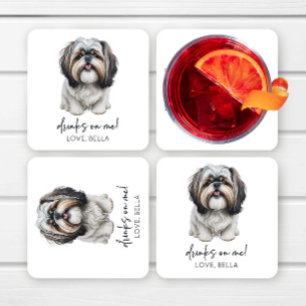 Drinks On Me! Shih Tzu Dog Pet Wedding Square Paper Coaster