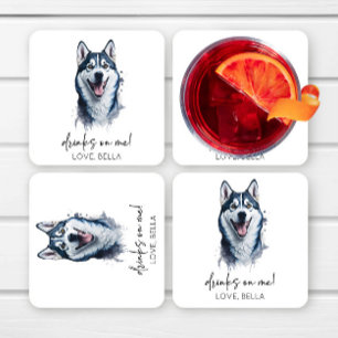 Drinks On Me! Siberian Husky Dog Pet Wedding Square Paper Coaster