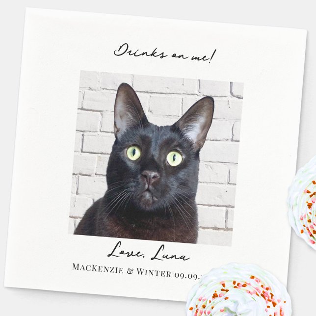 Drinks on Me Wedding Pet Photo Napkin (Drinks on Me fun pet dog or cat photo personalized custom text wedding cocktail napkin)