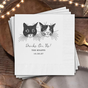Drinks On Us Custom Cat Drawn Wedding Napkin