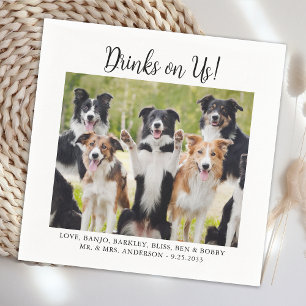 Drinks on Us Cute Template Cat Dog Photo Wedding Napkin