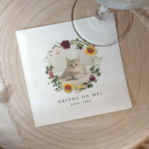 Drinks on Us Modern Cute Pet Photo Floral Wedding Napkin