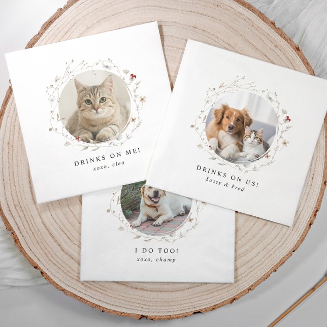 Drinks on Us Modern Cute Pet Photo Wedding Napkin (Cute elegant wedding napkins with pet photo and watercolor wildflower design, “drinks on us” text.)