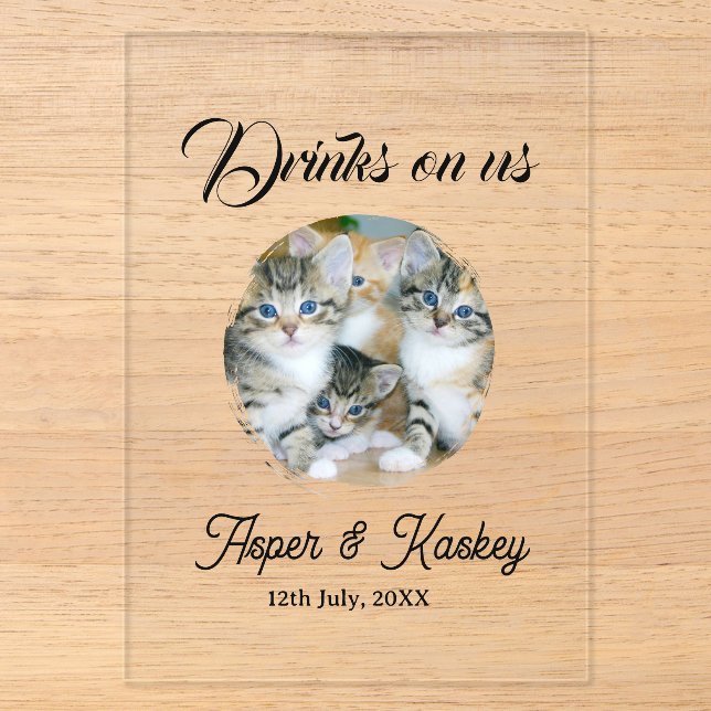 Drinks on us open bar pet photo wedding couple dat acrylic invitations (Front)