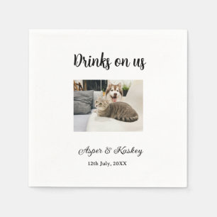 Drinks on us open bar pet photo wedding couple dat napkin