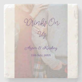 Drinks on us open bar pet photo wedding couple dat stone coaster