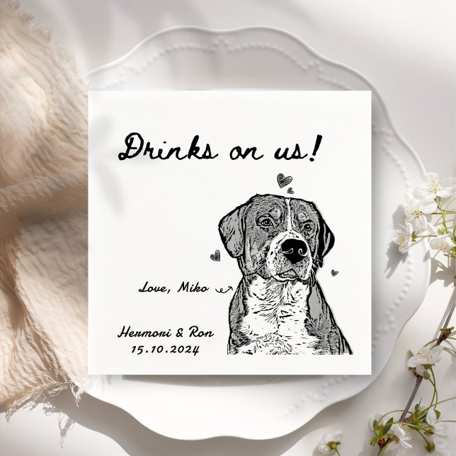 Drinks On Us Personalised Dog Simple Wedding Napkin (Creator Uploaded)