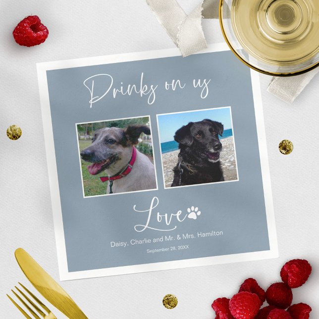 Drinks On Us Pet Photo Calligraphy Wedding  Napkin (Creator Uploaded)