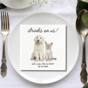 Drinks On Us Simple Photo Cute Fun Dog Pet Wedding Napkin