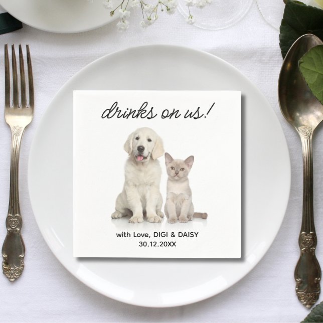 Drinks On Us Simple Photo Cute Fun Dog Pet Wedding Napkin (Creator Uploaded)