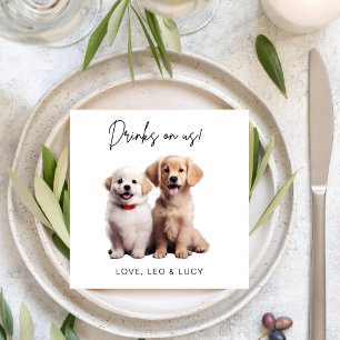 Drinks On Us Simple Photo Cute Fun Dog Pet Wedding Napkin