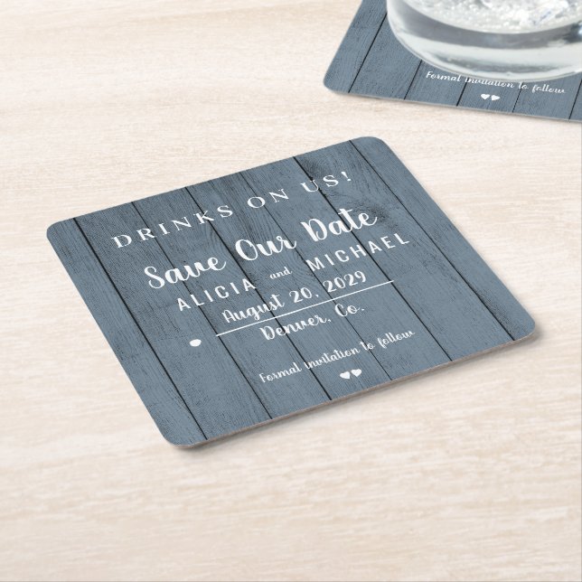Drinks on us simple rustic wedding save the date square paper coaster (Angled)