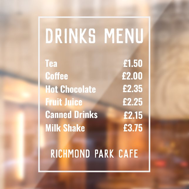 Drinks & Refreshments Price List Window Cling (Sheet 2)