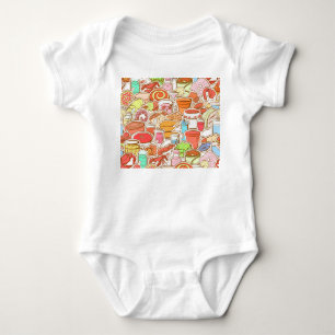 Drinks, seafood, snacks, seamless pattern baby bodysuit