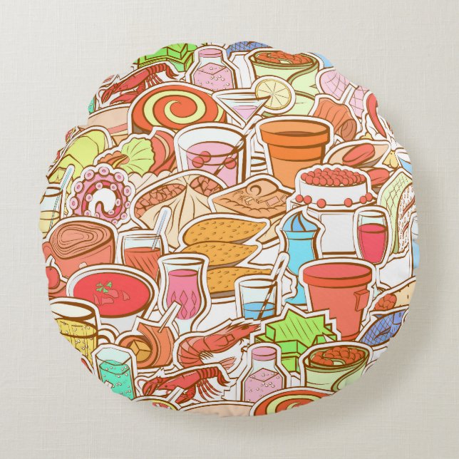 Drinks, seafood, snacks, seamless pattern round cushion (Front)