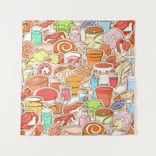Drinks, seafood, snacks, seamless pattern tapestry