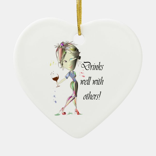 Drinks well with others, funny Wine art Ceramic Tree Decoration (Front)
