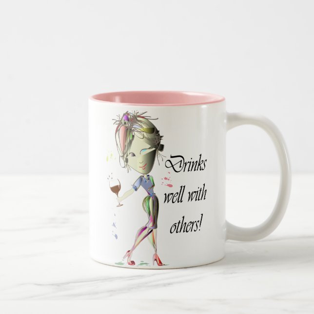 Drinks well with others, funny Wine art Two-Tone Coffee Mug (Right)