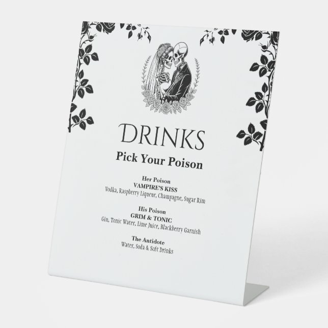 Drinks White Elegant Gothic Skeleton Wedding Pedestal Sign (Front)