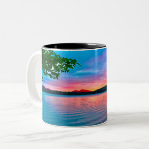 drinkware, sunset over lake, Two-Tone coffee mug