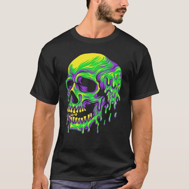 Drippin Purple Green Skull Mardi Gras Carnival Ske T-Shirt (Front)