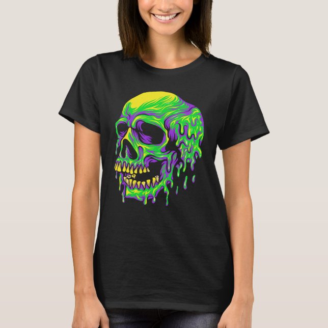 Drippin Purple Green Skull Mardi Gras Carnival Ske T-Shirt (Front)