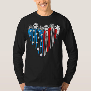 Dripping American Flag Heart Paws Cat Dog Mum Dad T-Shirt
