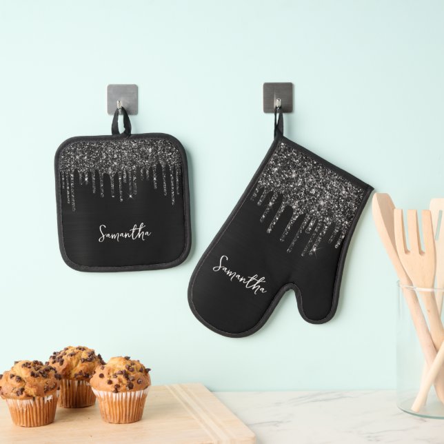 Dripping Black Glitter Glam Name Oven Mitt & Pot Holder Set (Insitu(Hanging))