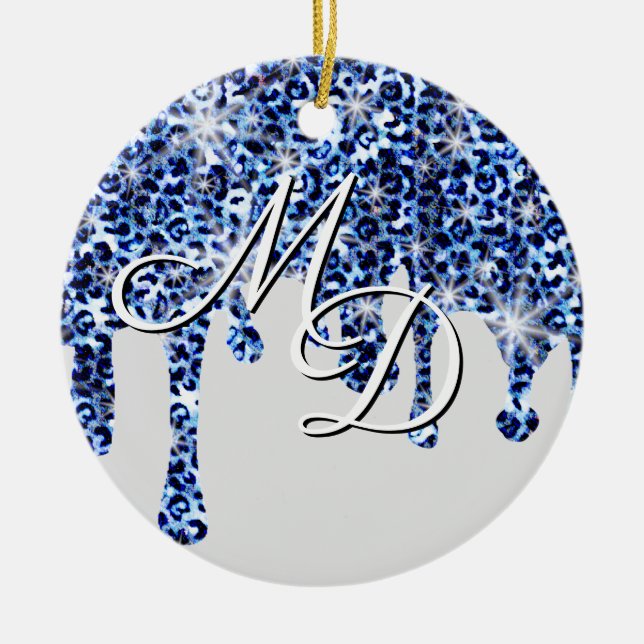 Dripping Blue Cheetah Sparkles Monogram Ceramic Tree Decoration (Front)