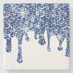 Dripping Blue Cheetah Sparkles Stone Coaster