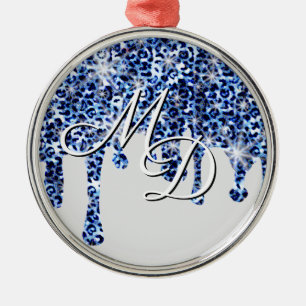 Dripping Blue Cheetah Sparkles with Monogram Metal Tree Decoration