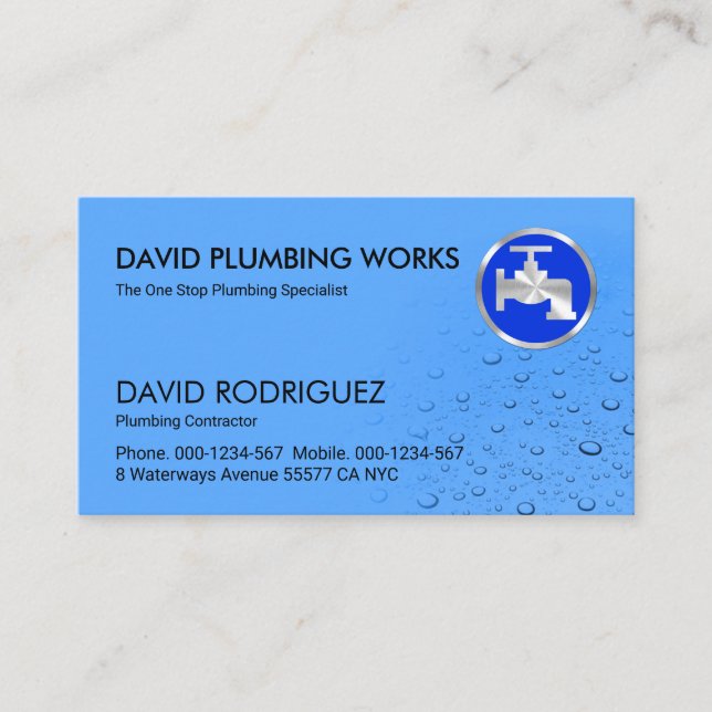 Dripping Blue Water Drops Plumbing Business Card (Front)