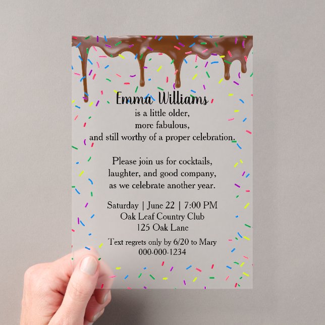 Dripping Chocolate and Colourful Birthday Sprinkle Acrylic Invitations (Insitu (Handheld))