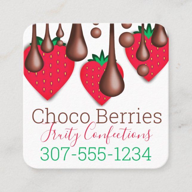 Dripping chocolate strawberries fruit confections square business card (Front)
