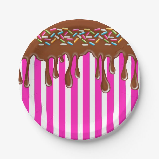 Dripping chocolate with sprinkles paper Plate pink (Front)