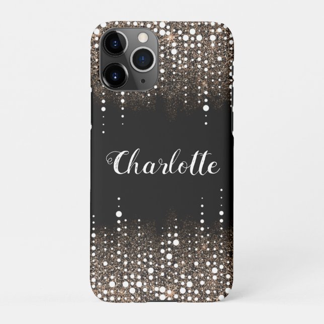 Dripping Glitter Gold Rain Personalised Name Black iPhone Case (Back)