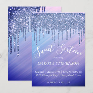 Dripping Glitter   Ombre Purple Blue Sweet Sixteen Invitation