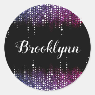 Dripping Glitter Rain Purple Sequins Sparkle Black Classic Round Sticker