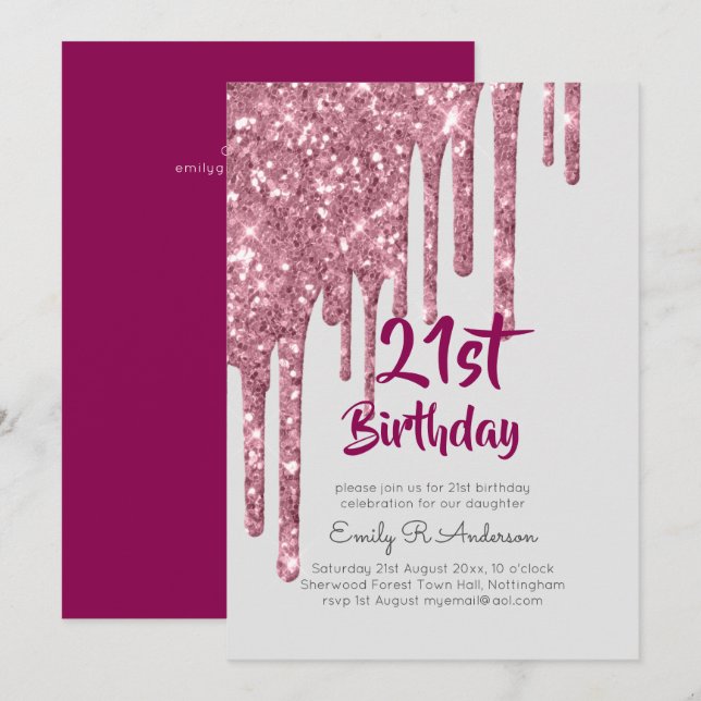 Dripping Glitter Rose Gold 21st Birthday Pink Girl Invitation (Front/Back)