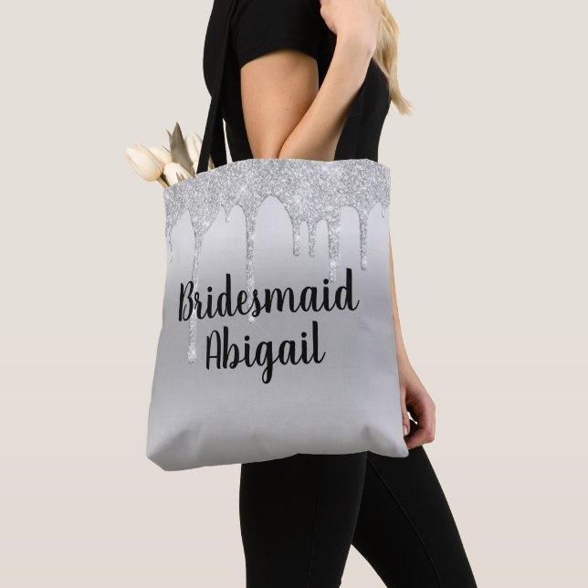 Dripping Glitter Silver Bridesmaid Gift Tote Bag (Close Up)