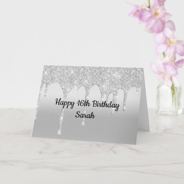 Dripping Glitter Silver Personalised Birthday Card (Orchid)