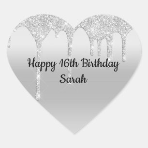 Dripping Glitter Silver Personalised Birthday  Heart Sticker