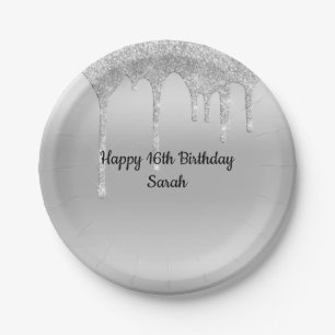 Dripping Glitter Silver Personalised Birthday Paper Plate