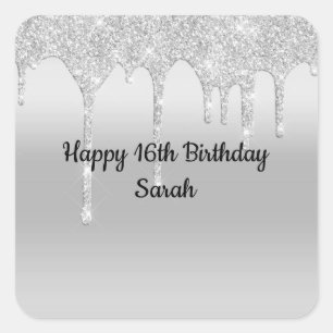 Dripping Glitter Silver Personalised Birthday Square Sticker